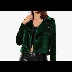 Velvet Lapel Collar Zipper Crop Moto Biker Jacket